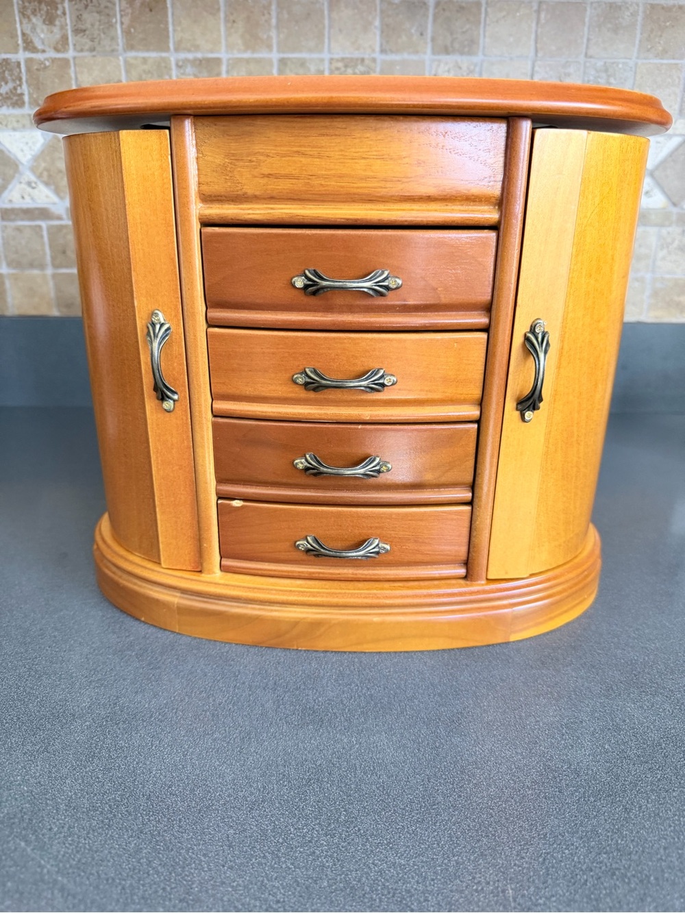 Classic Honey Wood Jewelry Organizer Cabinet with Bronze Handles